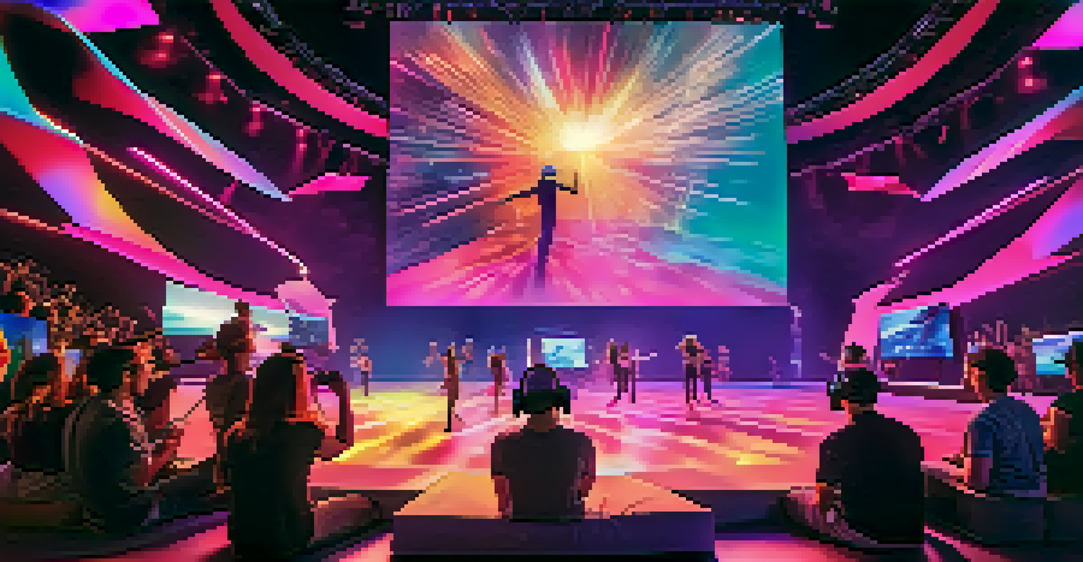 A virtual reality concert scene with fans wearing headsets, colorful stage lights, and a large screen showing the artist, with floating NFTs in the air.