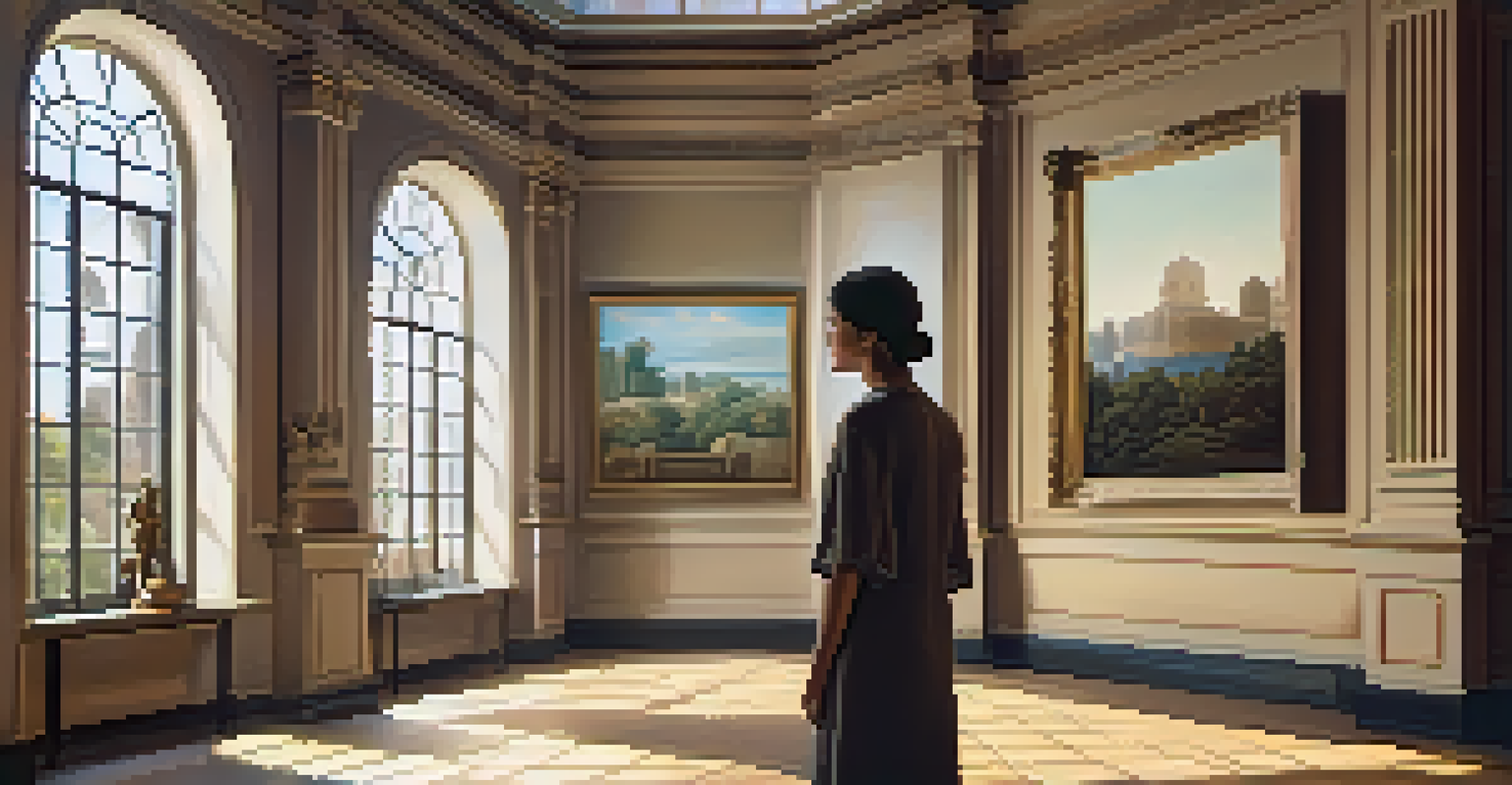 A person exploring a digital painting on a tablet in a virtual museum setting with classical architecture and soft natural light.