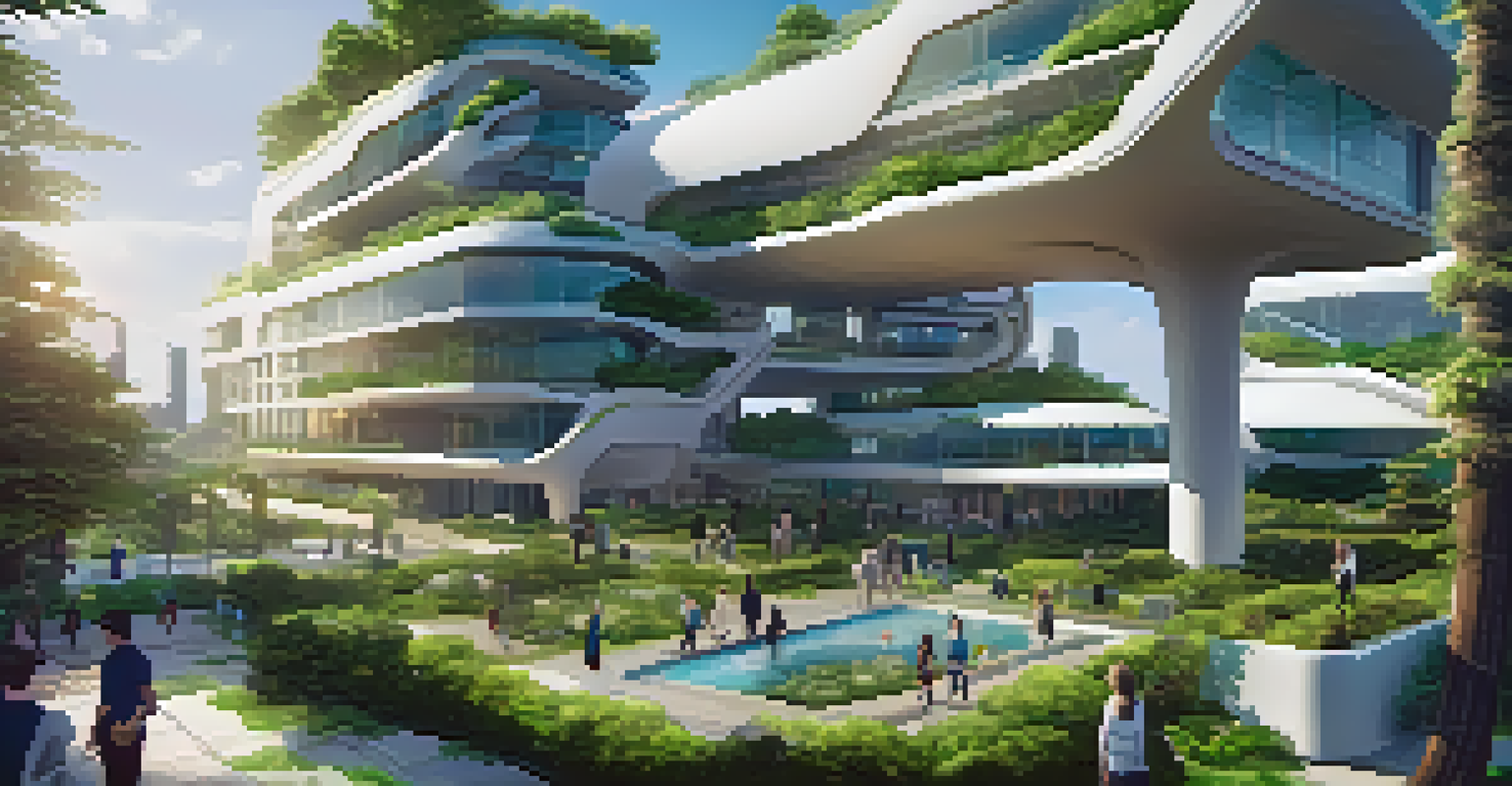 A futuristic virtual real estate landscape with diverse buildings and avatars interacting.