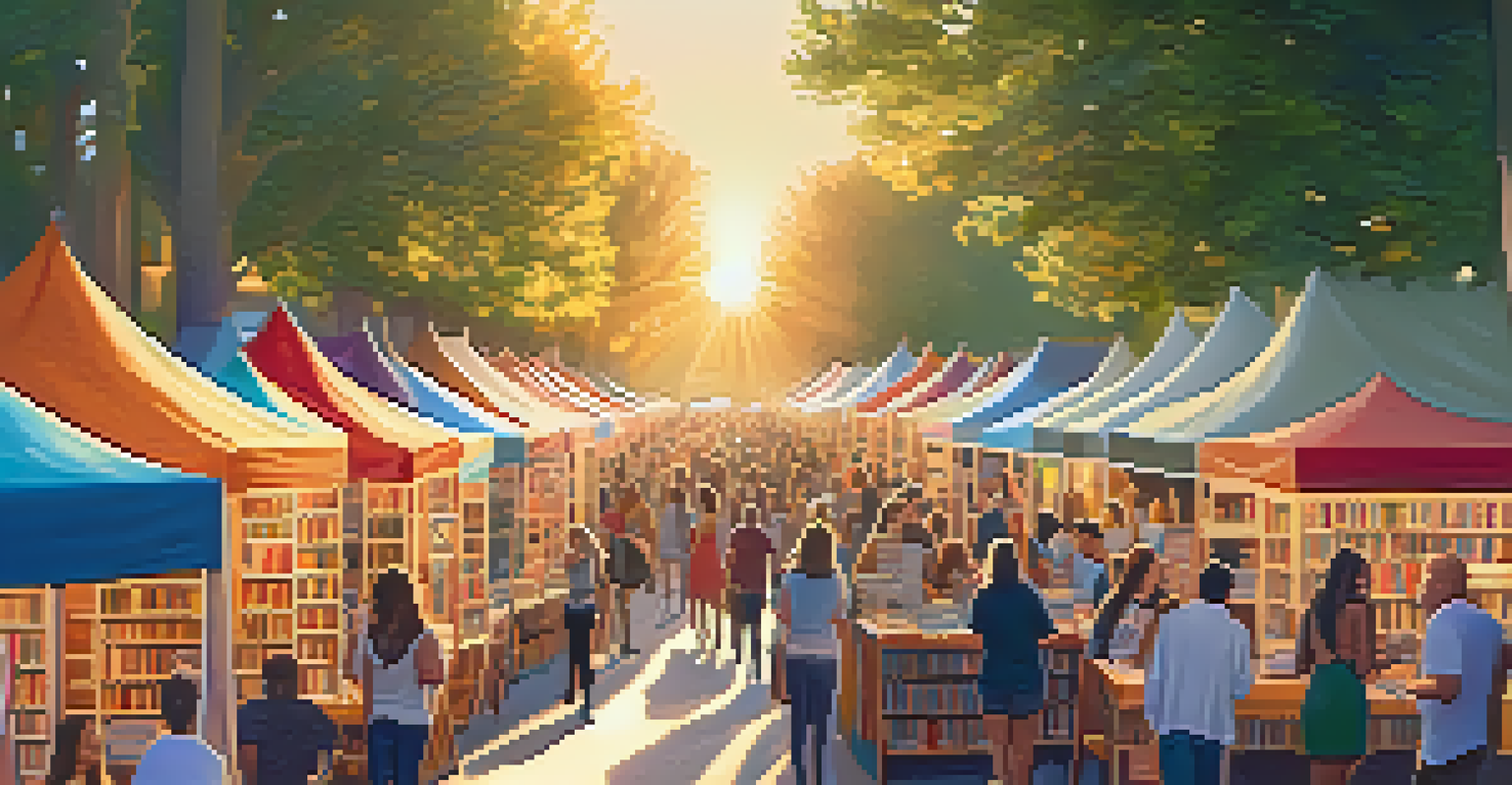 An outdoor book fair at sunset, with authors promoting NFT literature and readers engaging enthusiastically, surrounded by colorful booths.