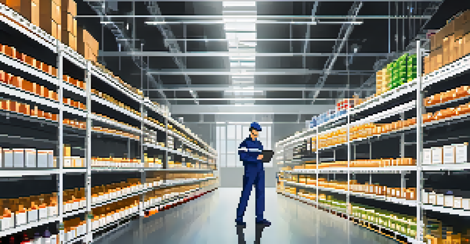 A modern warehouse with organized shelves and digital NFT labels, showing a worker scanning items with a device.