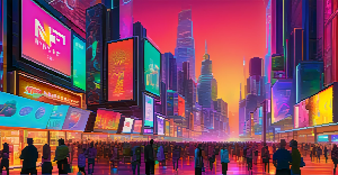 A colorful NFT marketplace filled with digital screens displaying various NFTs and a futuristic city backdrop.