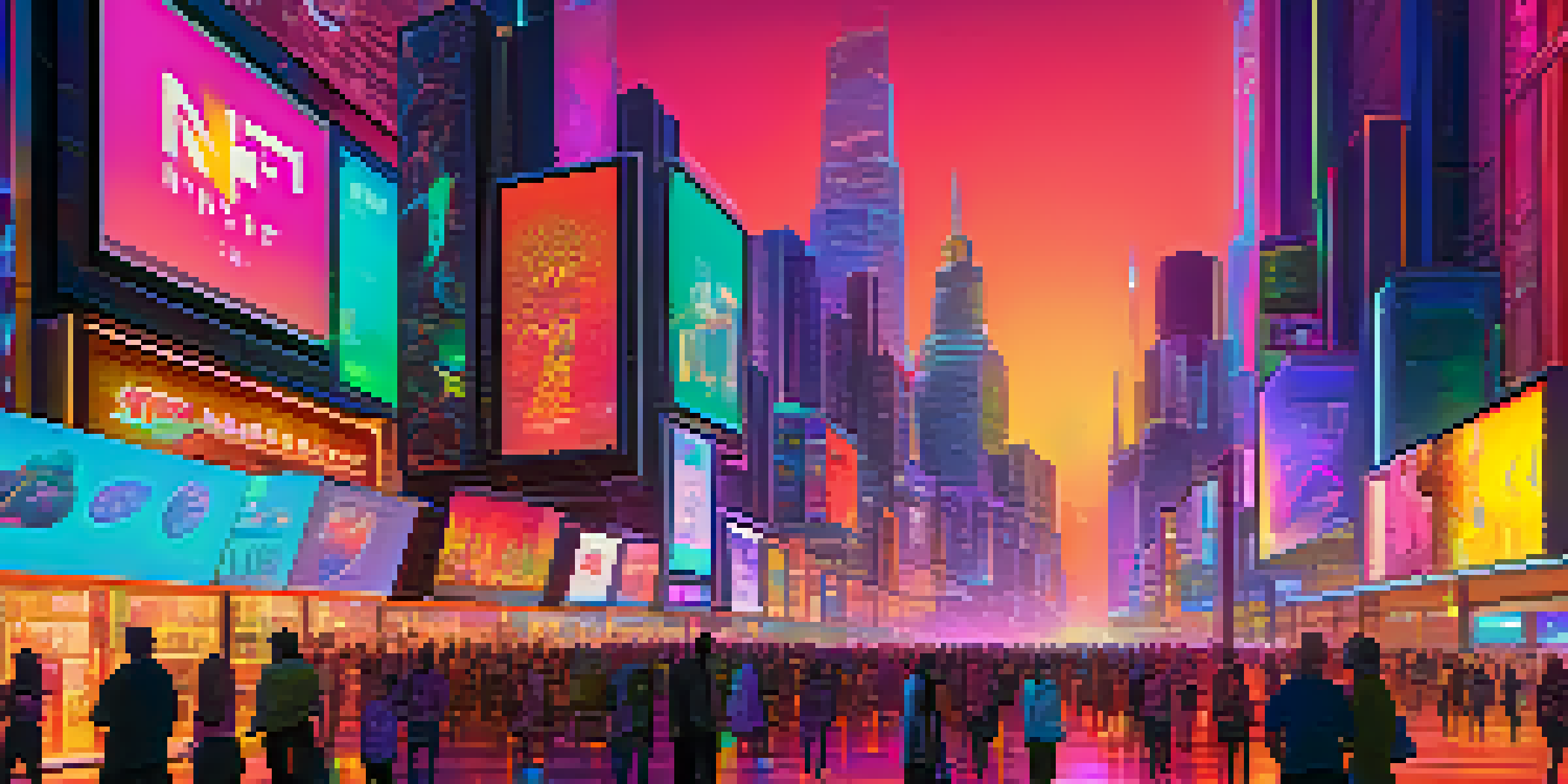 A colorful NFT marketplace filled with digital screens displaying various NFTs and a futuristic city backdrop.