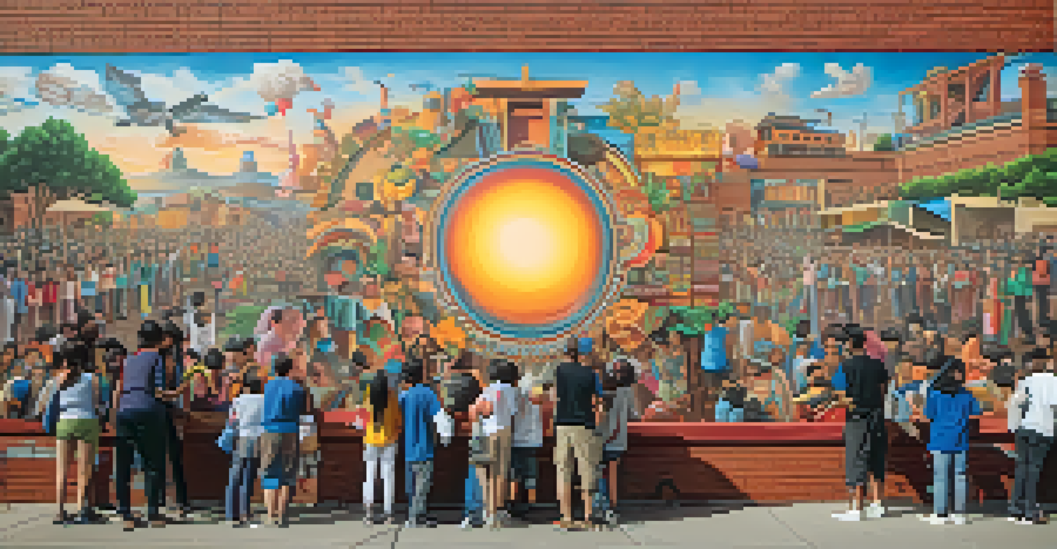 A mural artist painting a large, colorful mural on a brick wall, surrounded by admirers in a vibrant street art scene.
