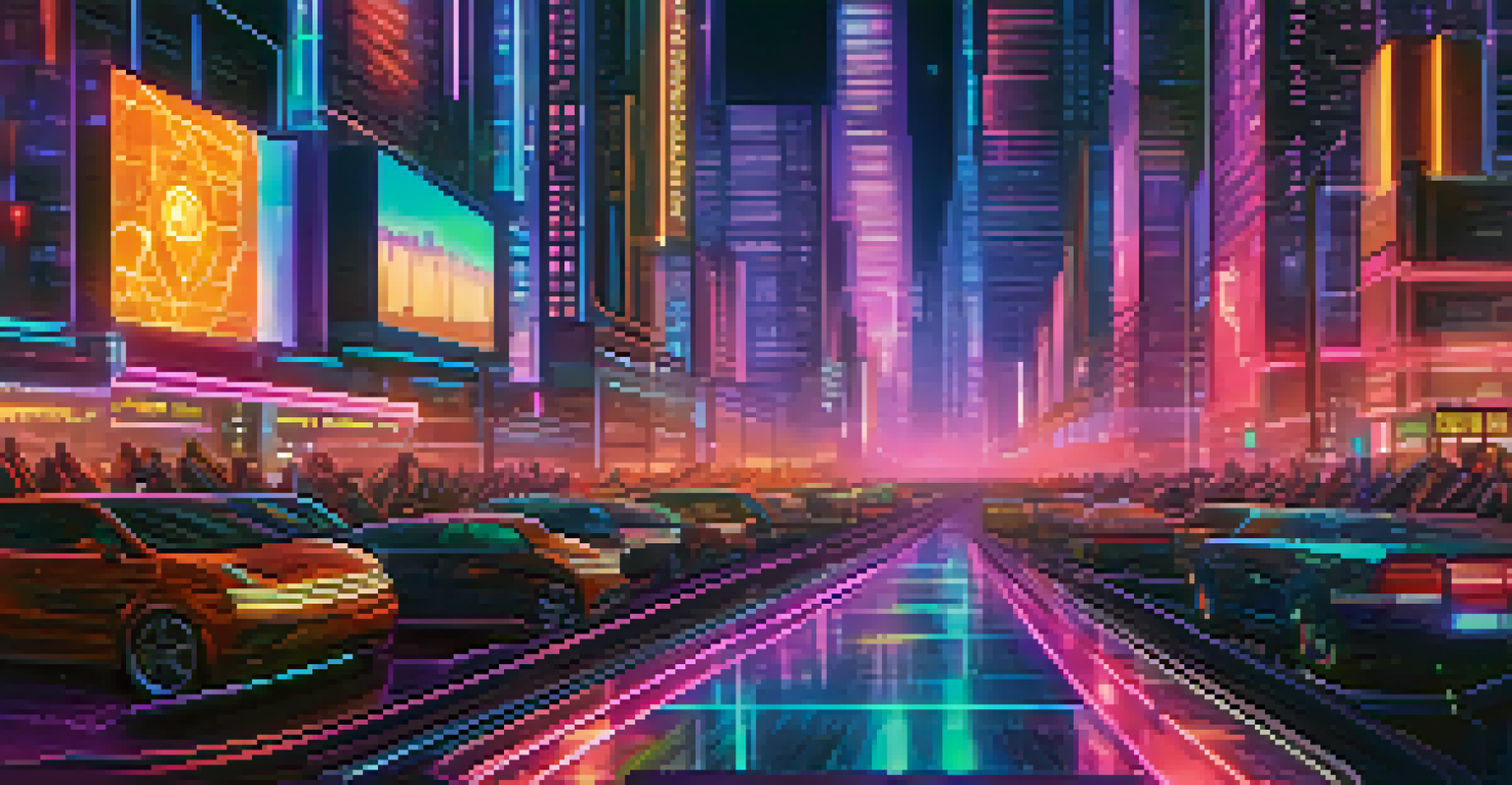 A close-up of a blockchain ledger with unique NFTs represented by colorful digital tokens in a futuristic cityscape.