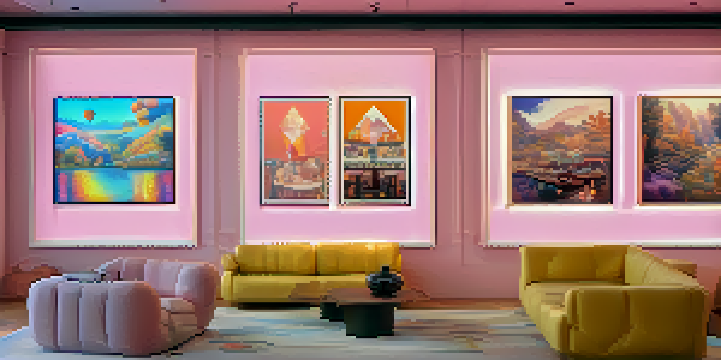 A modern art gallery displaying a variety of NFTs on screens with ambient lighting and detailed descriptions.