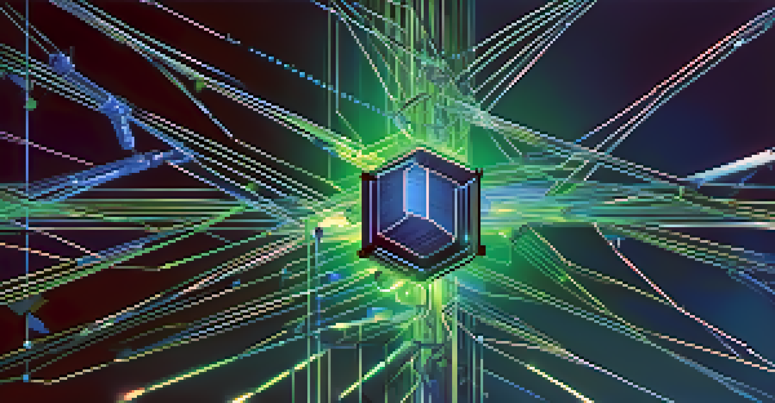 An abstract visual of blockchain technology with glowing interconnected nodes in blue and green colors against a dark background.