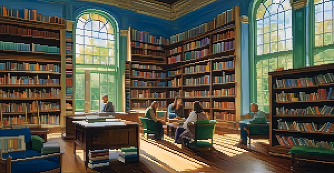 A bright library with people reading and discussing books, sunlight streaming through the windows.