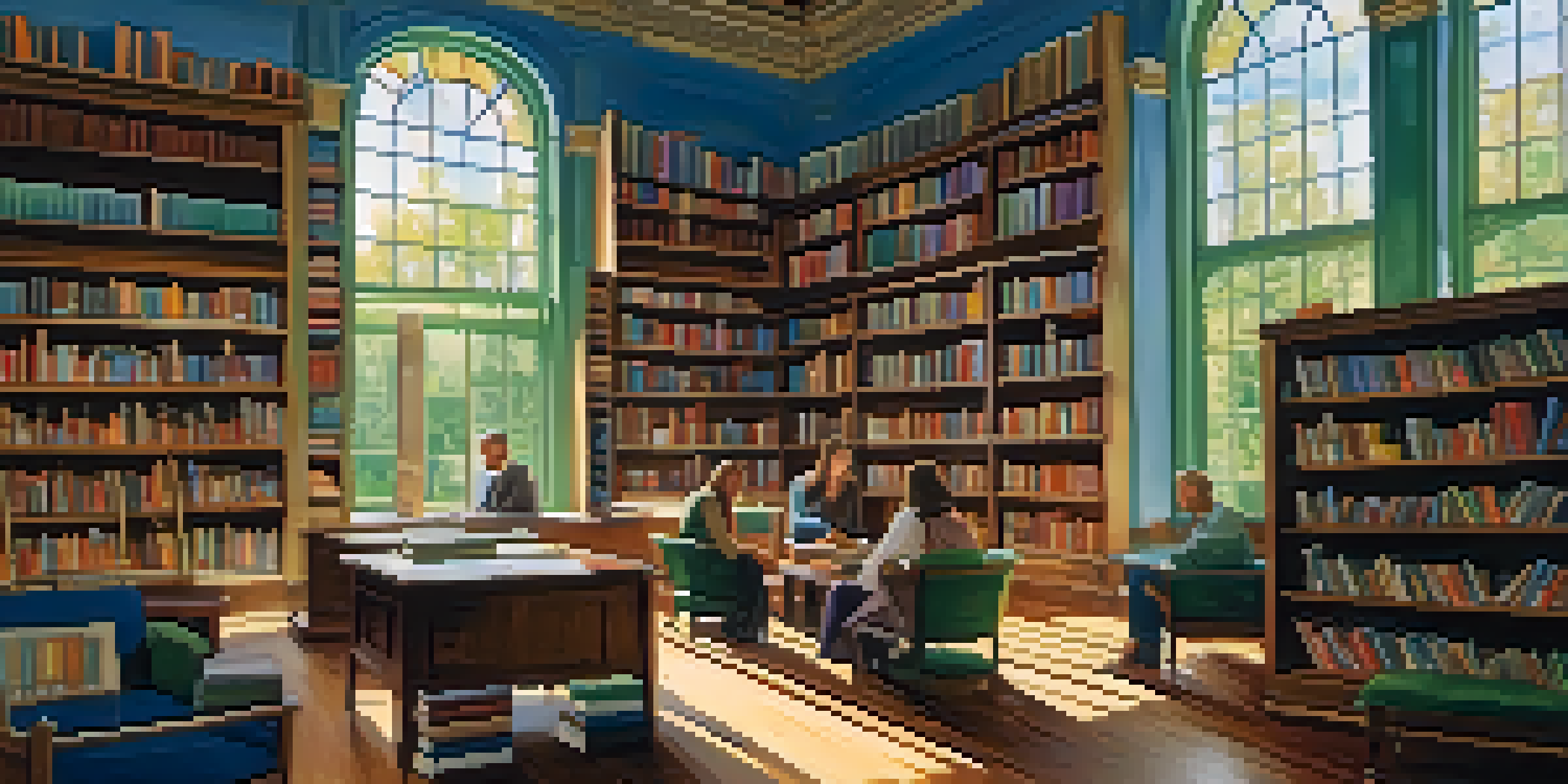 A bright library with people reading and discussing books, sunlight streaming through the windows.