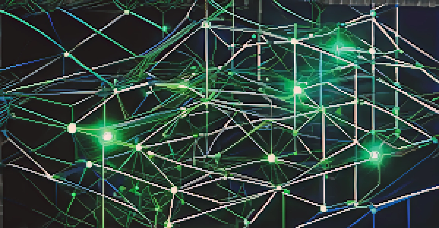 An abstract visualization of blockchain technology with glowing nodes and chains on a dark background.