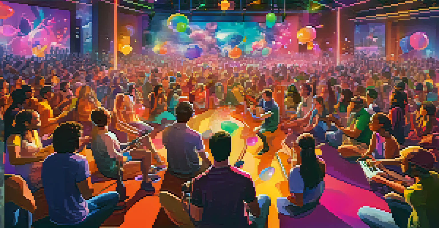A vibrant virtual concert with musicians performing and fans represented as avatars interacting through chat bubbles.