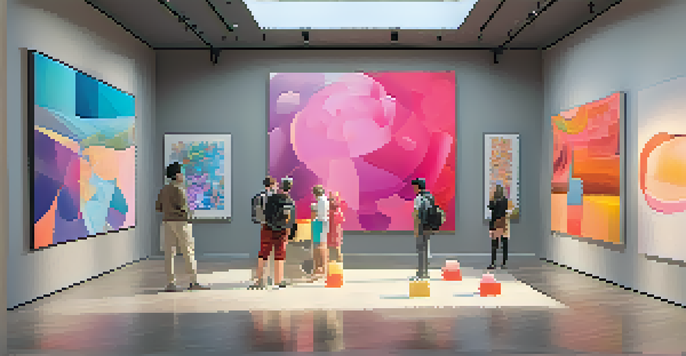 A bright virtual art gallery filled with colorful digital artworks, with visitors admiring the pieces.