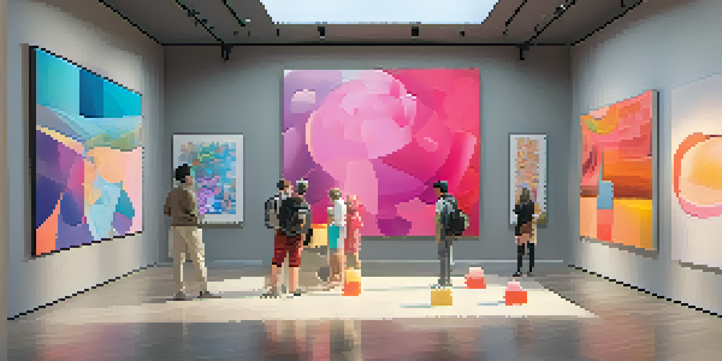 A bright virtual art gallery filled with colorful digital artworks, with visitors admiring the pieces.