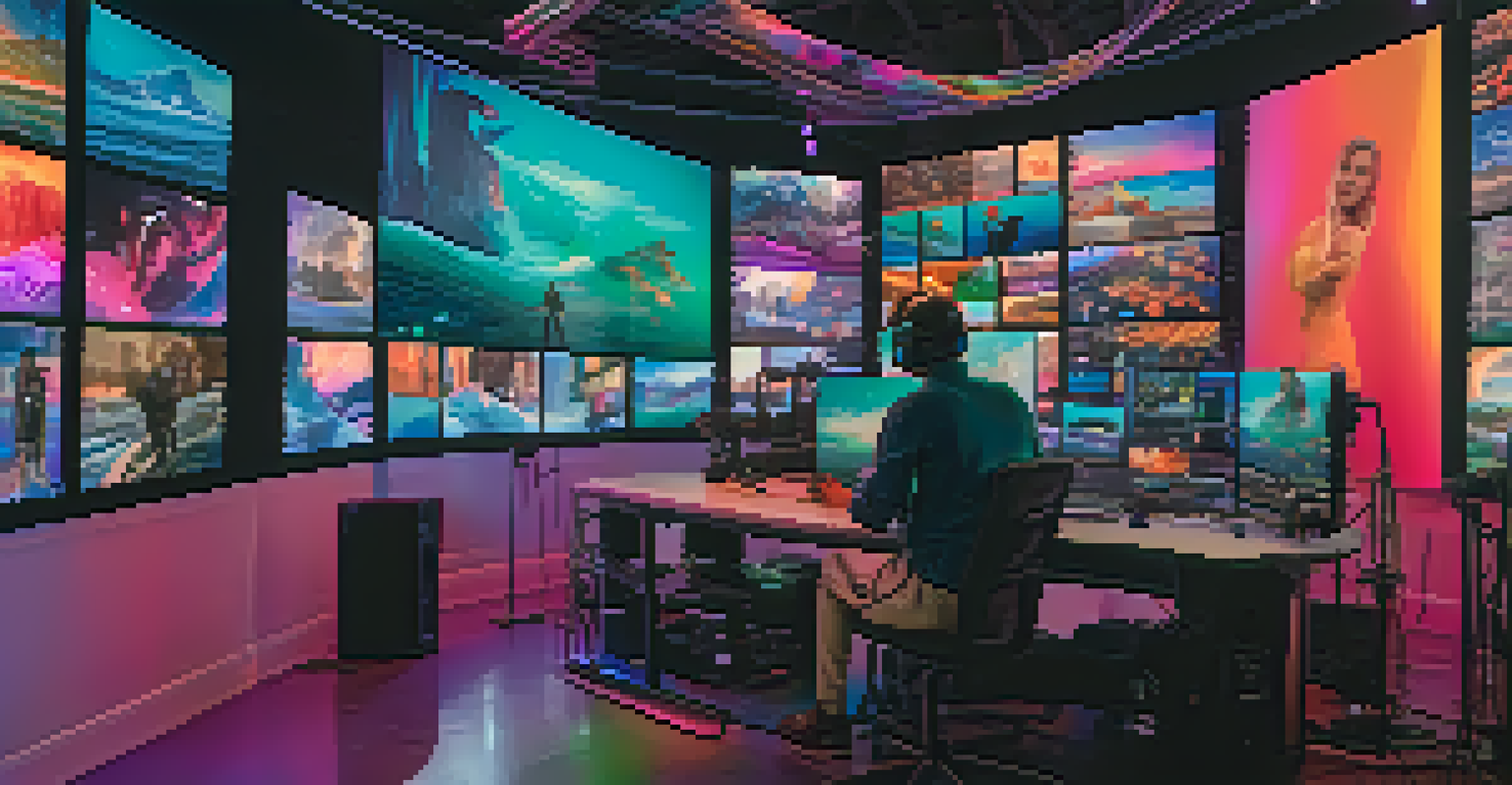 A filmmaker in a modern studio with holographic screens showing NFT assets and virtual reality scenes, surrounded by vibrant colors.