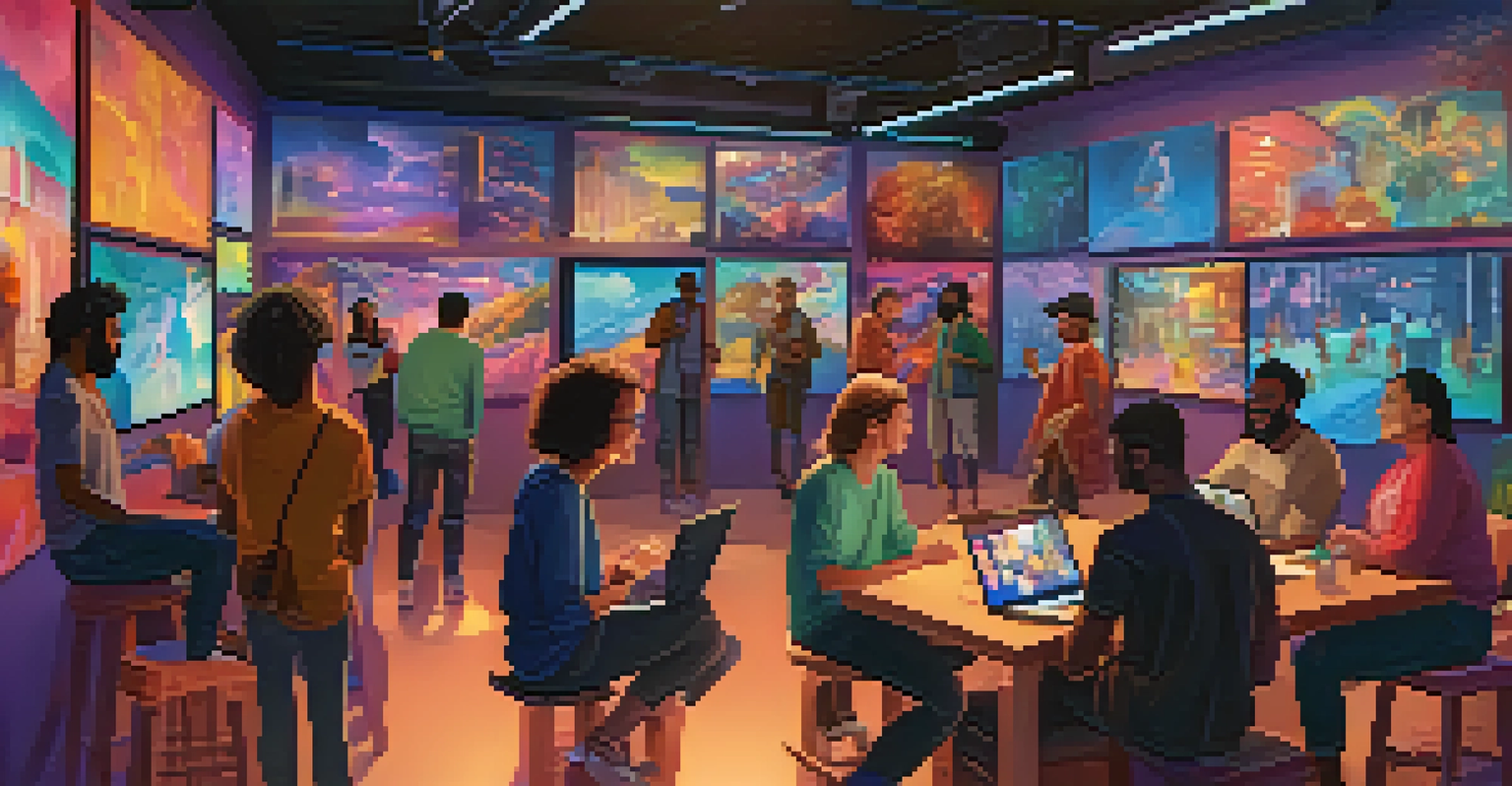 A lively community forum with diverse users discussing digital art in an NFT marketplace, showcasing collaboration and engagement.