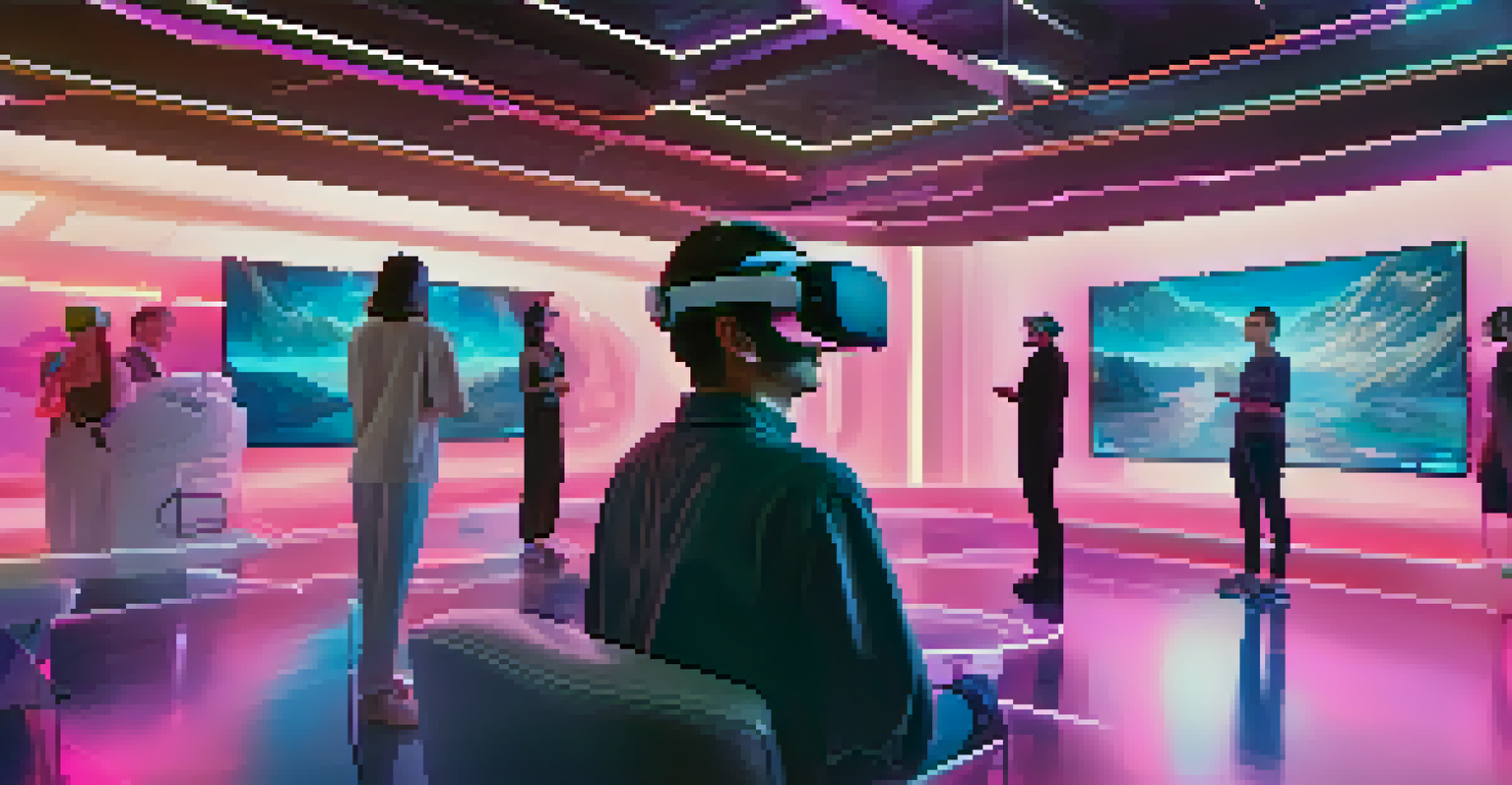 Users wearing VR headsets interacting with floating NFTs in a futuristic virtual reality space.