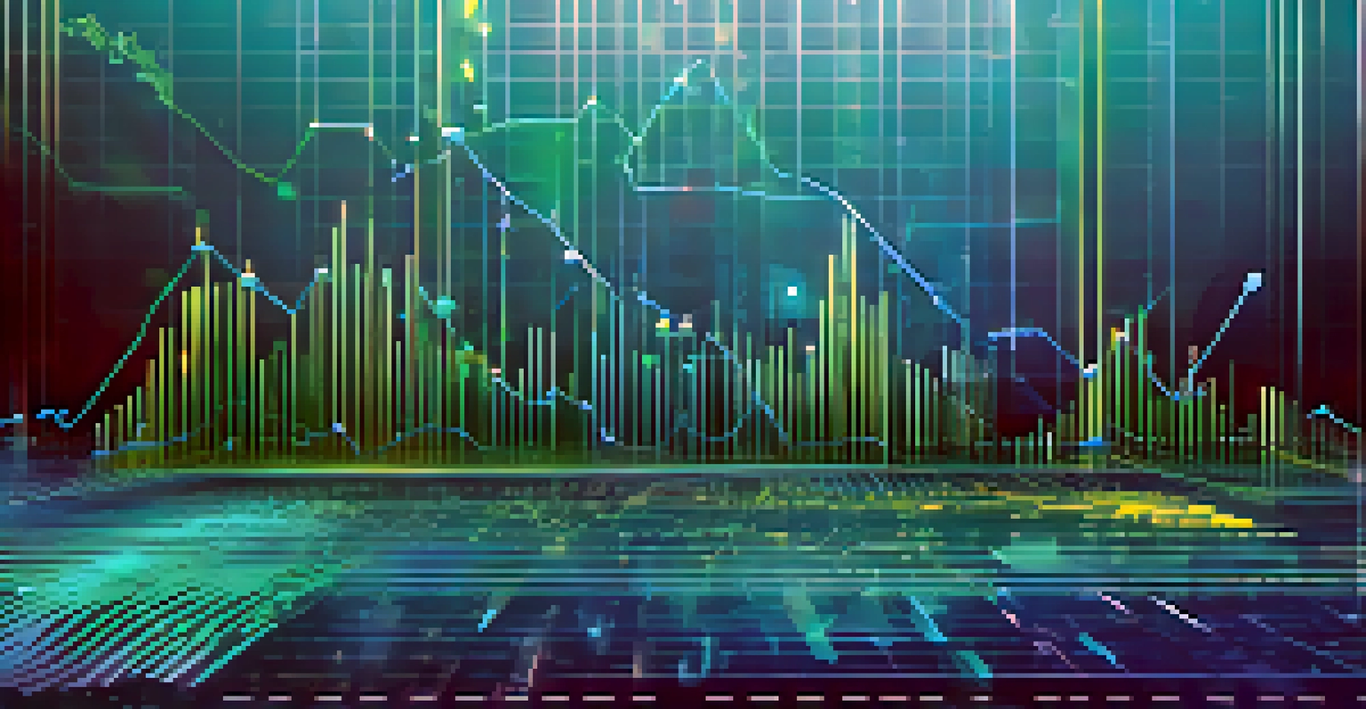 An abstract image depicting a fluctuating graph representing the NFT market, with a background of blue and green hues and digital circuit patterns.
