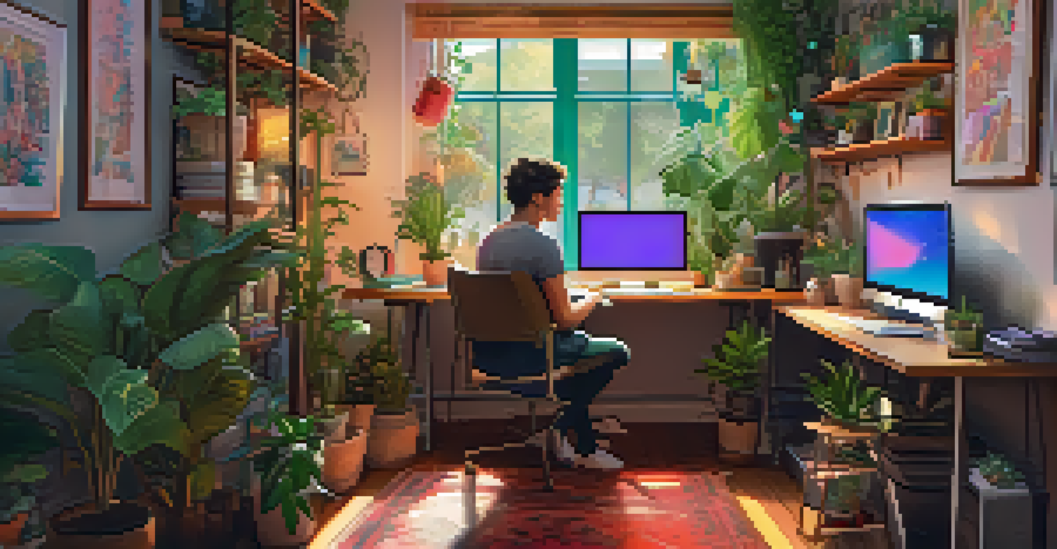 A person in a cozy home office excitedly browsing an NFT marketplace on their computer.