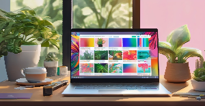 A laptop showing a colorful NFT marketplace interface with digital art, set in a bright and modern workspace.