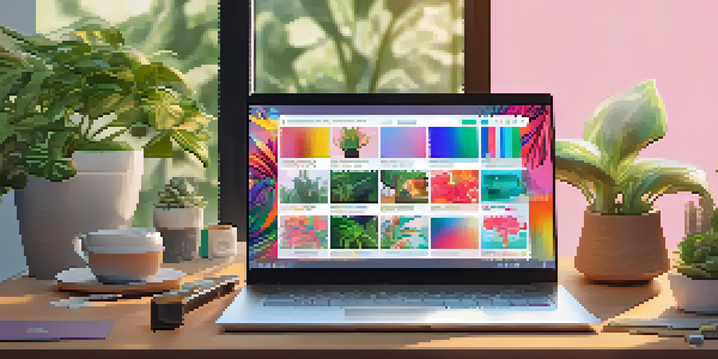A laptop showing a colorful NFT marketplace interface with digital art, set in a bright and modern workspace.