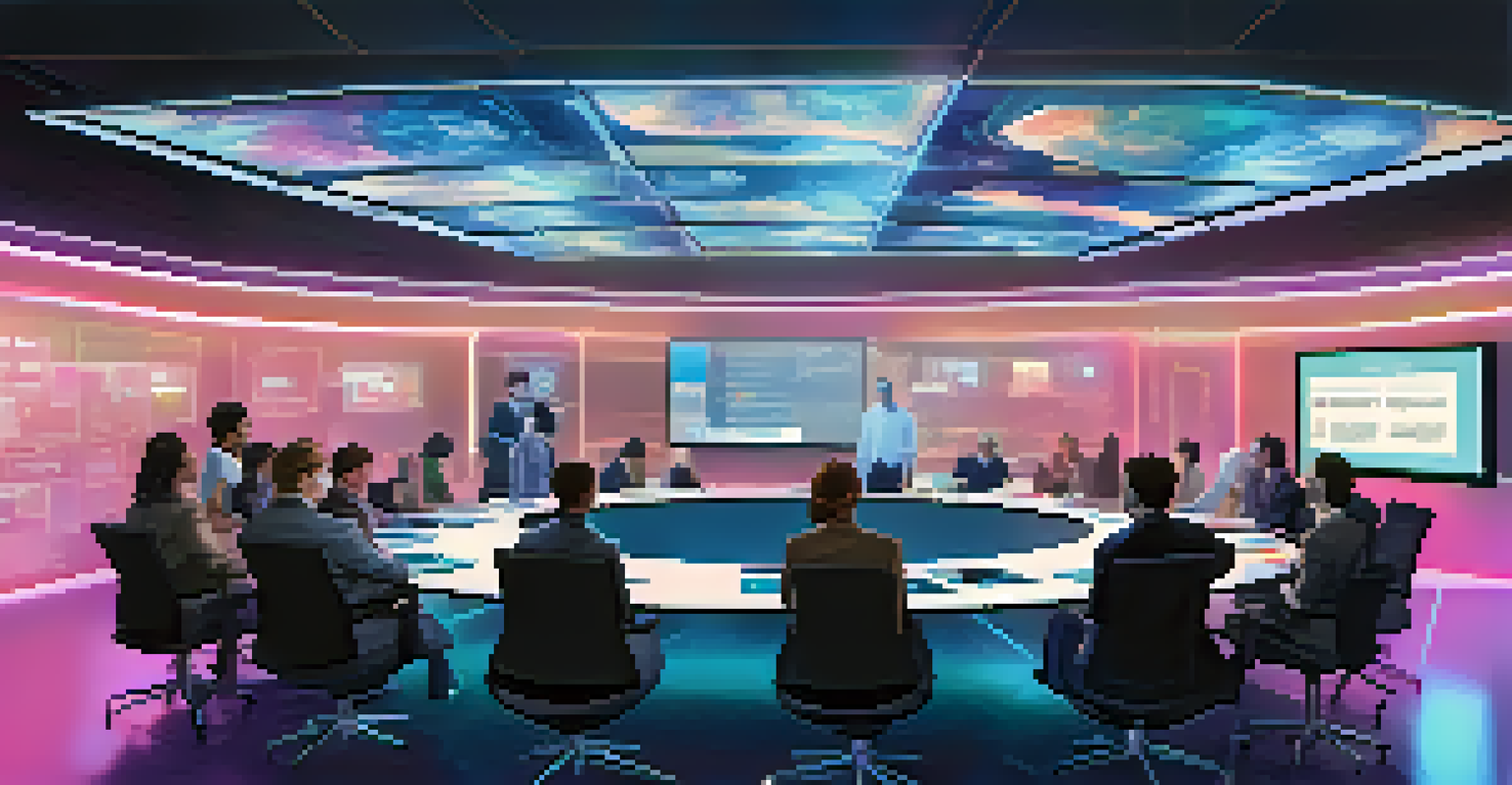 A futuristic meeting room with diverse people discussing digital assets and voting systems.