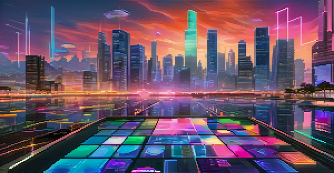 A digital landscape with floating holographic NFTs in various shapes and sizes, set against a futuristic city skyline illuminated by neon lights.