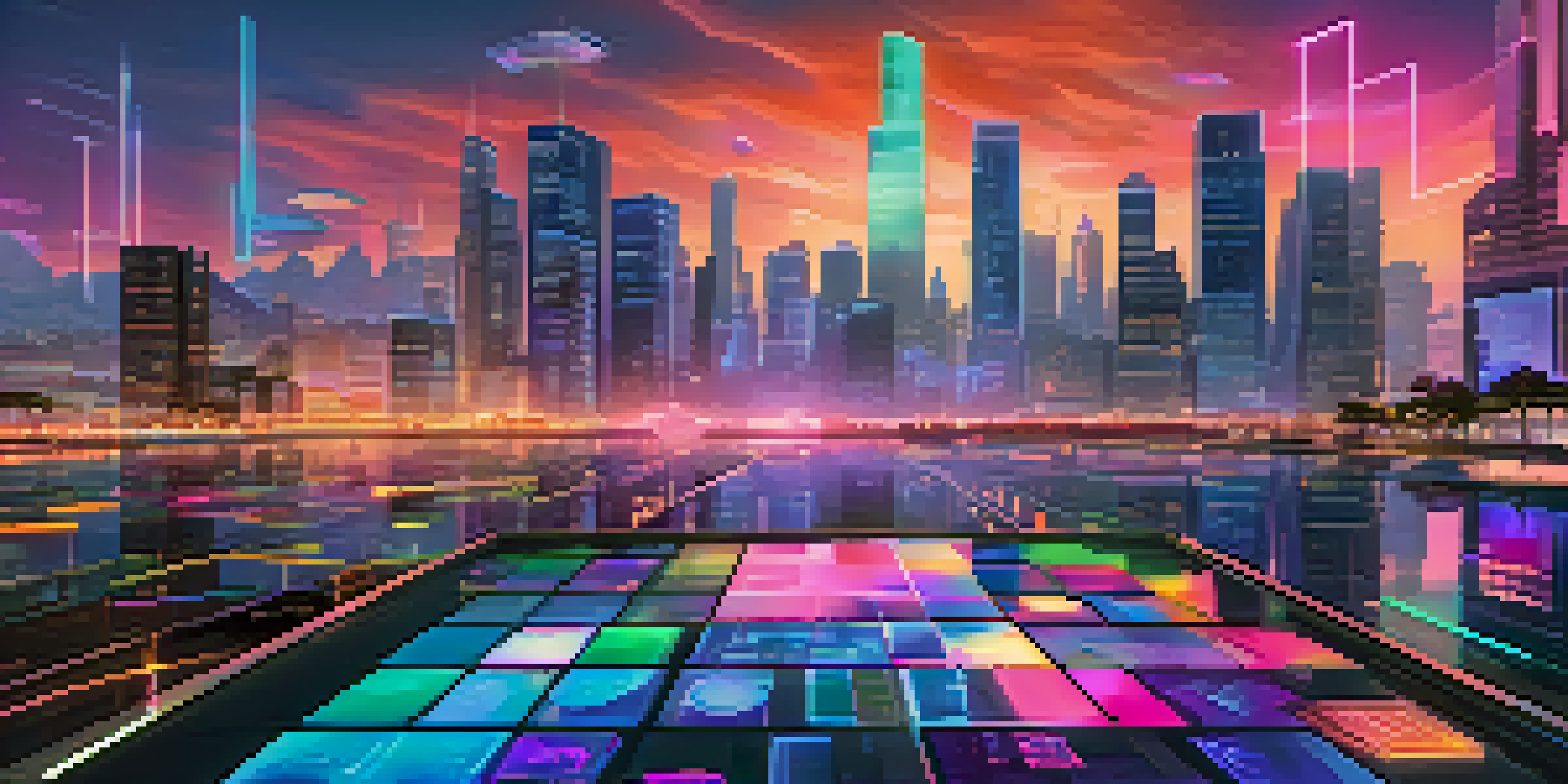 A digital landscape with floating holographic NFTs in various shapes and sizes, set against a futuristic city skyline illuminated by neon lights.