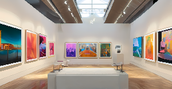 A lively digital art gallery filled with diverse people admiring colorful NFT artworks in modern frames, with cultural motifs on the walls.