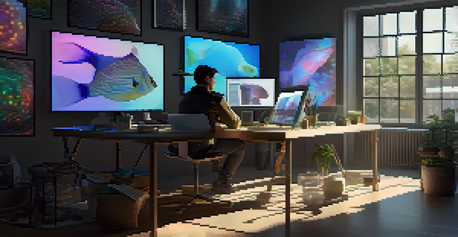 An artist at a modern workspace creating a digital art piece on a tablet, with supplies and screens displaying NFT statistics around them.