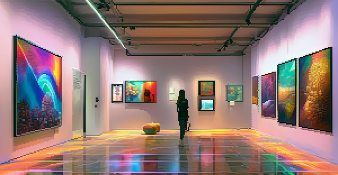 A digital art gallery filled with colorful NFT artworks under soft ambient lighting, with visitors admiring the pieces.