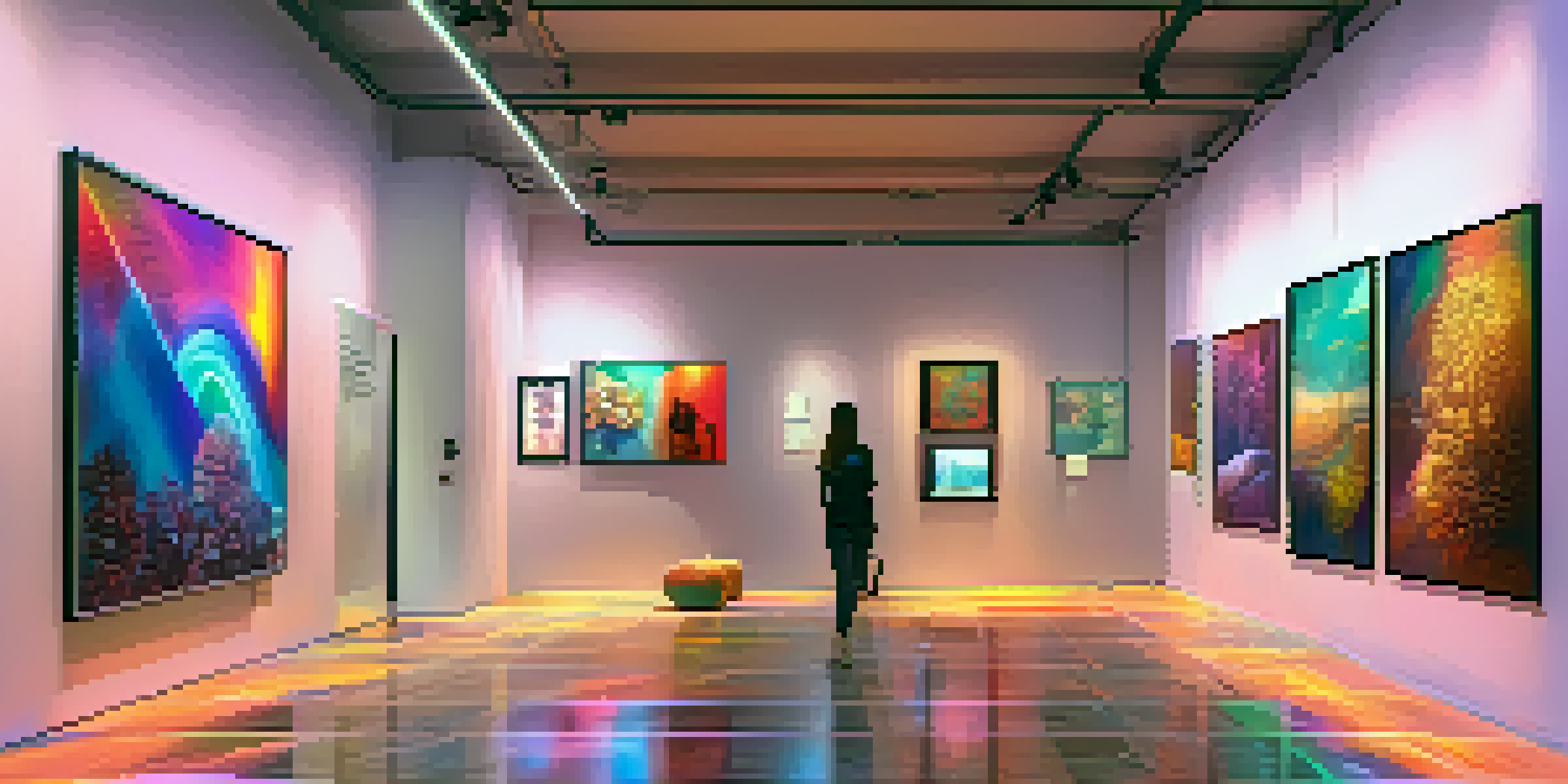 A digital art gallery filled with colorful NFT artworks under soft ambient lighting, with visitors admiring the pieces.