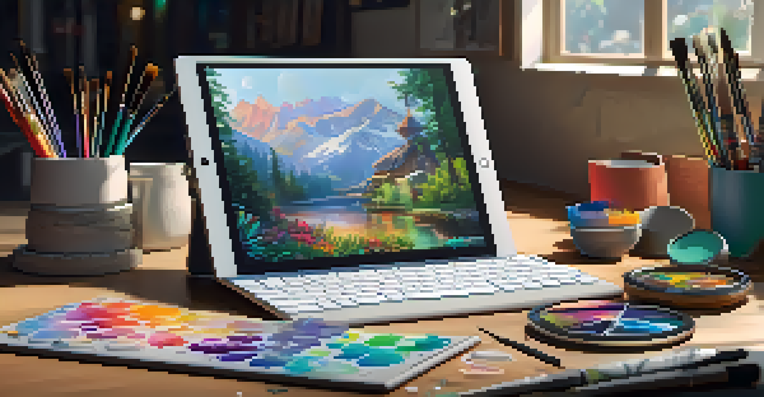 A close-up view of a digital tablet showing a colorful NFT artwork, surrounded by art supplies on a wooden desk bathed in natural light.