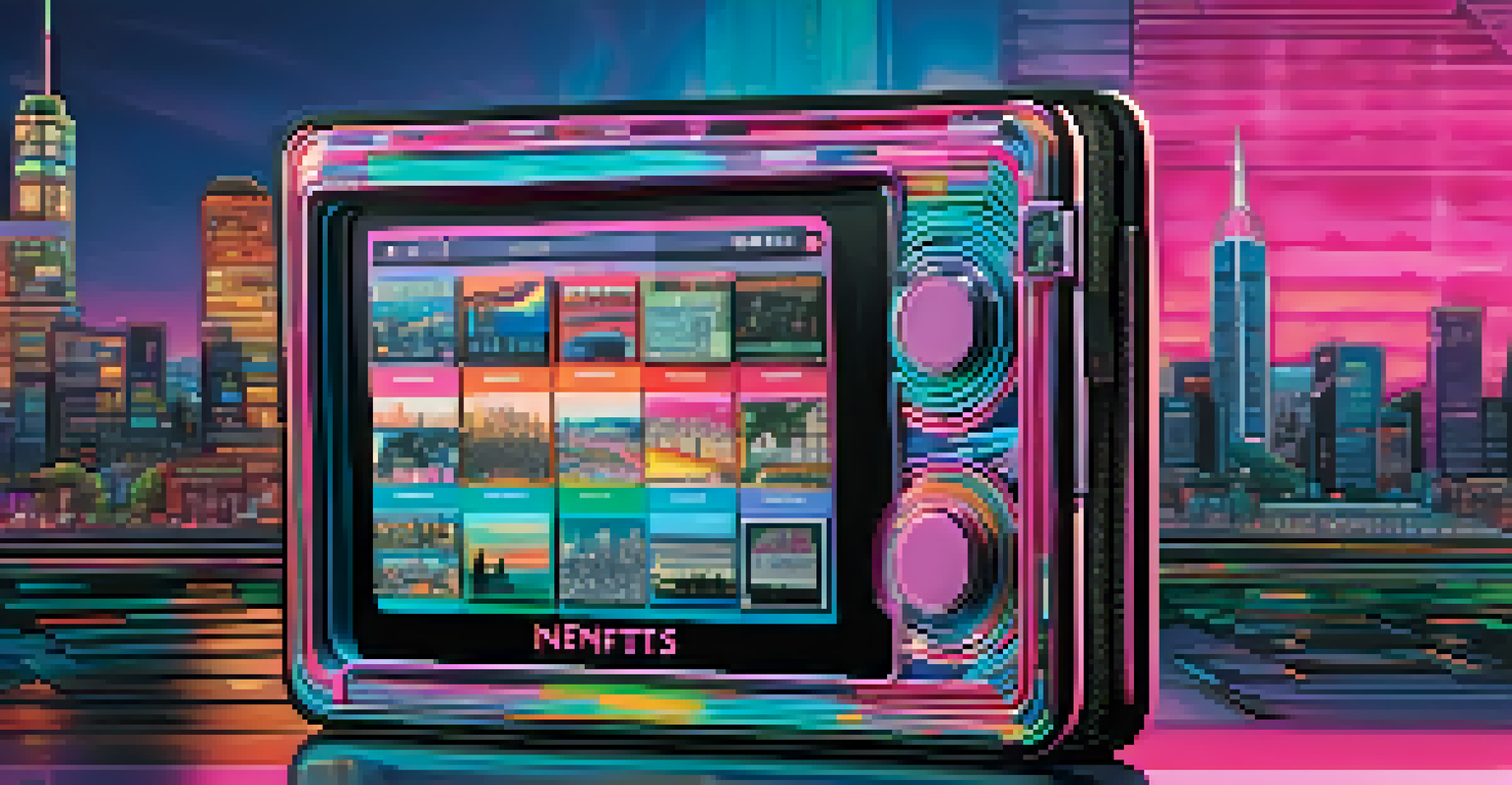 A digital wallet filled with colorful NFTs representing music albums and concert tickets against a neon city skyline.