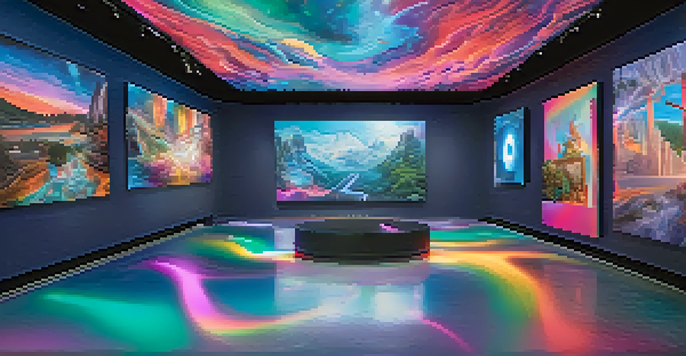 A virtual art gallery filled with colorful digital artworks and visitors using VR headsets to interact with the art.