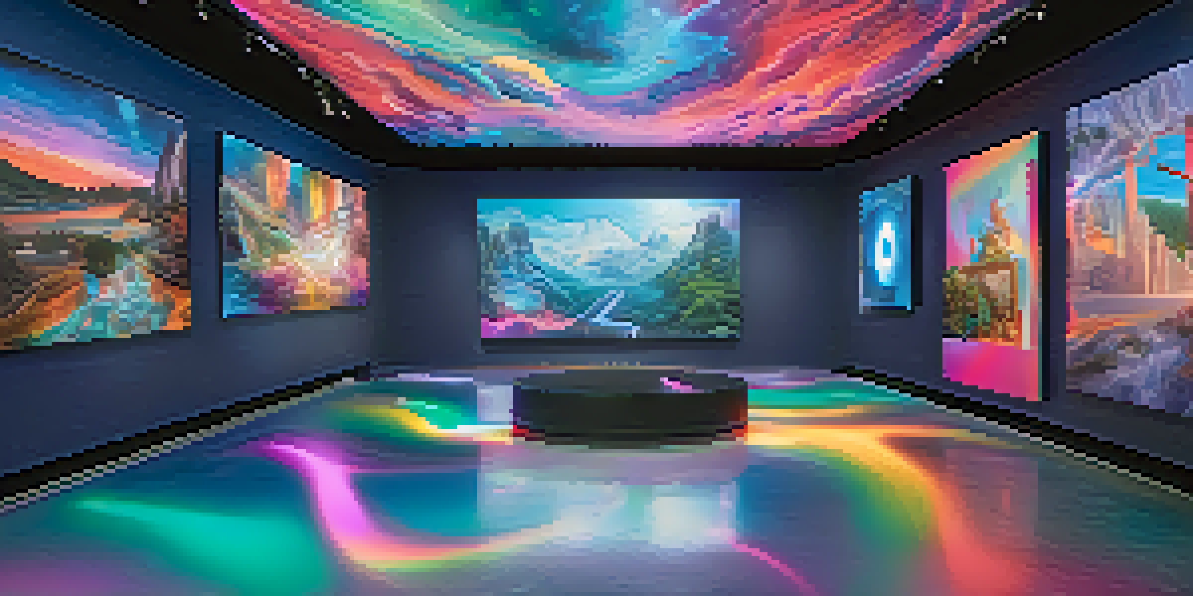 A virtual art gallery filled with colorful digital artworks and visitors using VR headsets to interact with the art.