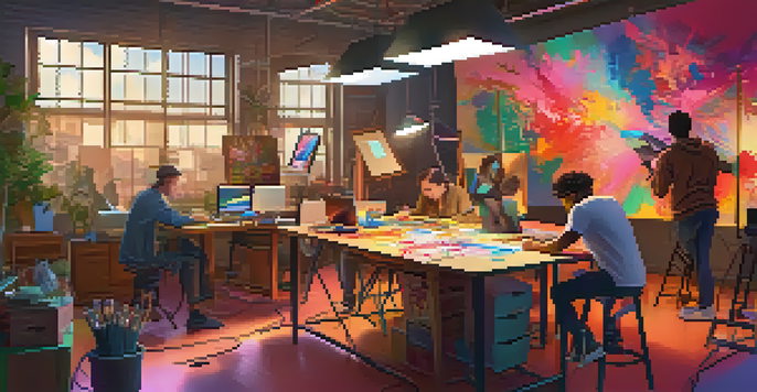 A colorful studio with diverse artists collaborating on animation projects, surrounded by sketches and digital tools, illuminated by warm light.