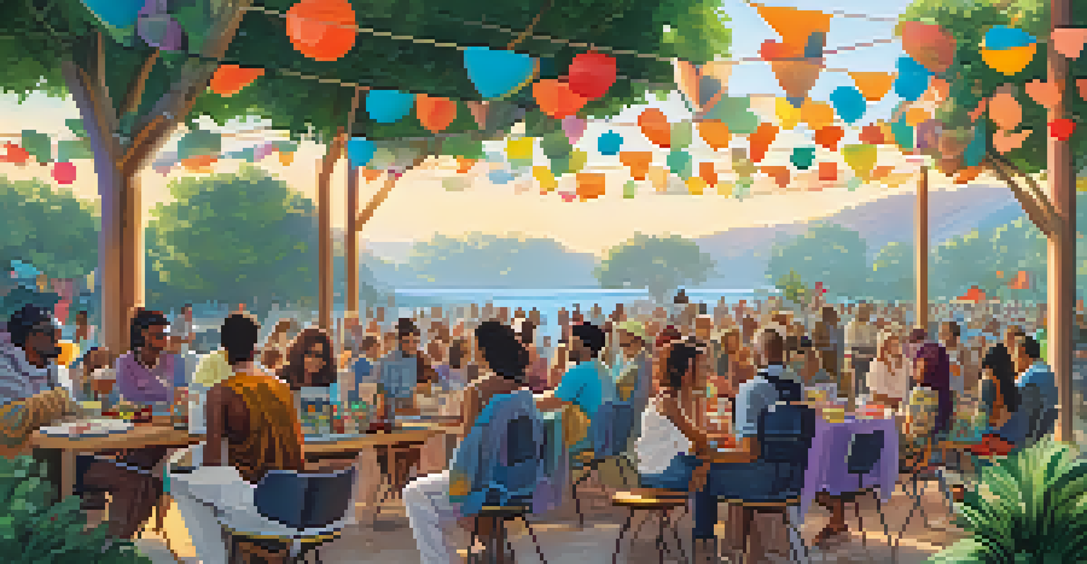 A diverse community gathering outdoors, with artists sharing their NFT creations on digital tablets, colorful banners, and a festive atmosphere.