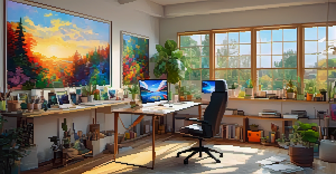 A digital art studio with art supplies, canvases, and a computer showcasing NFT artworks, illuminated by warm natural light.