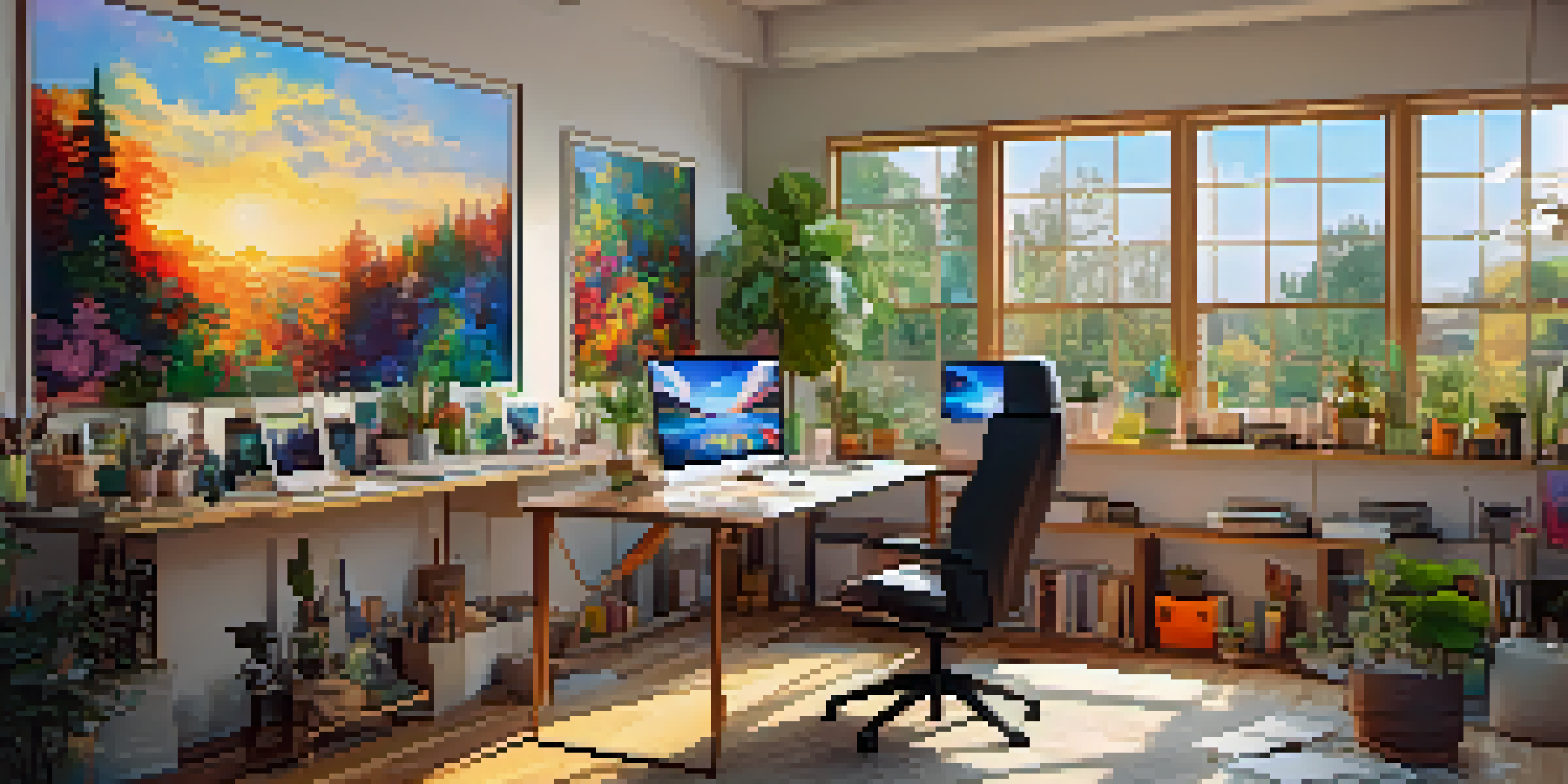 A digital art studio with art supplies, canvases, and a computer showcasing NFT artworks, illuminated by warm natural light.