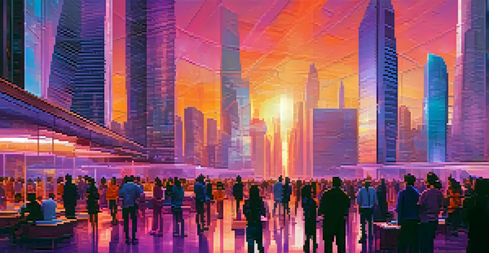 A vibrant sunset cityscape with diverse people interacting with holographic displays in a futuristic environment.