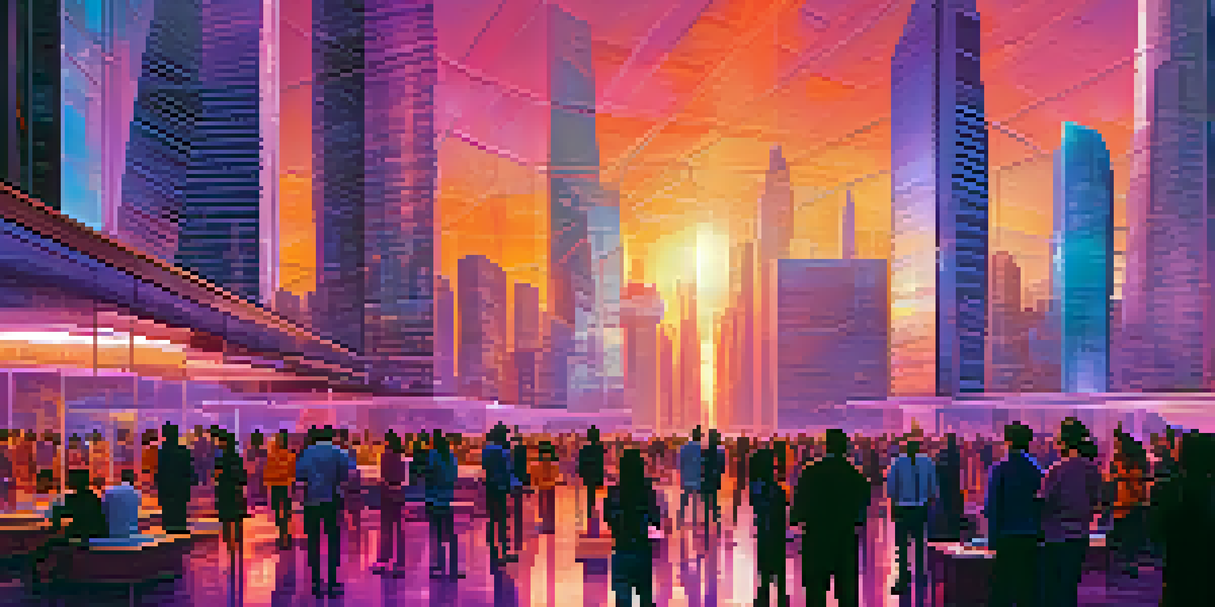 A vibrant sunset cityscape with diverse people interacting with holographic displays in a futuristic environment.
