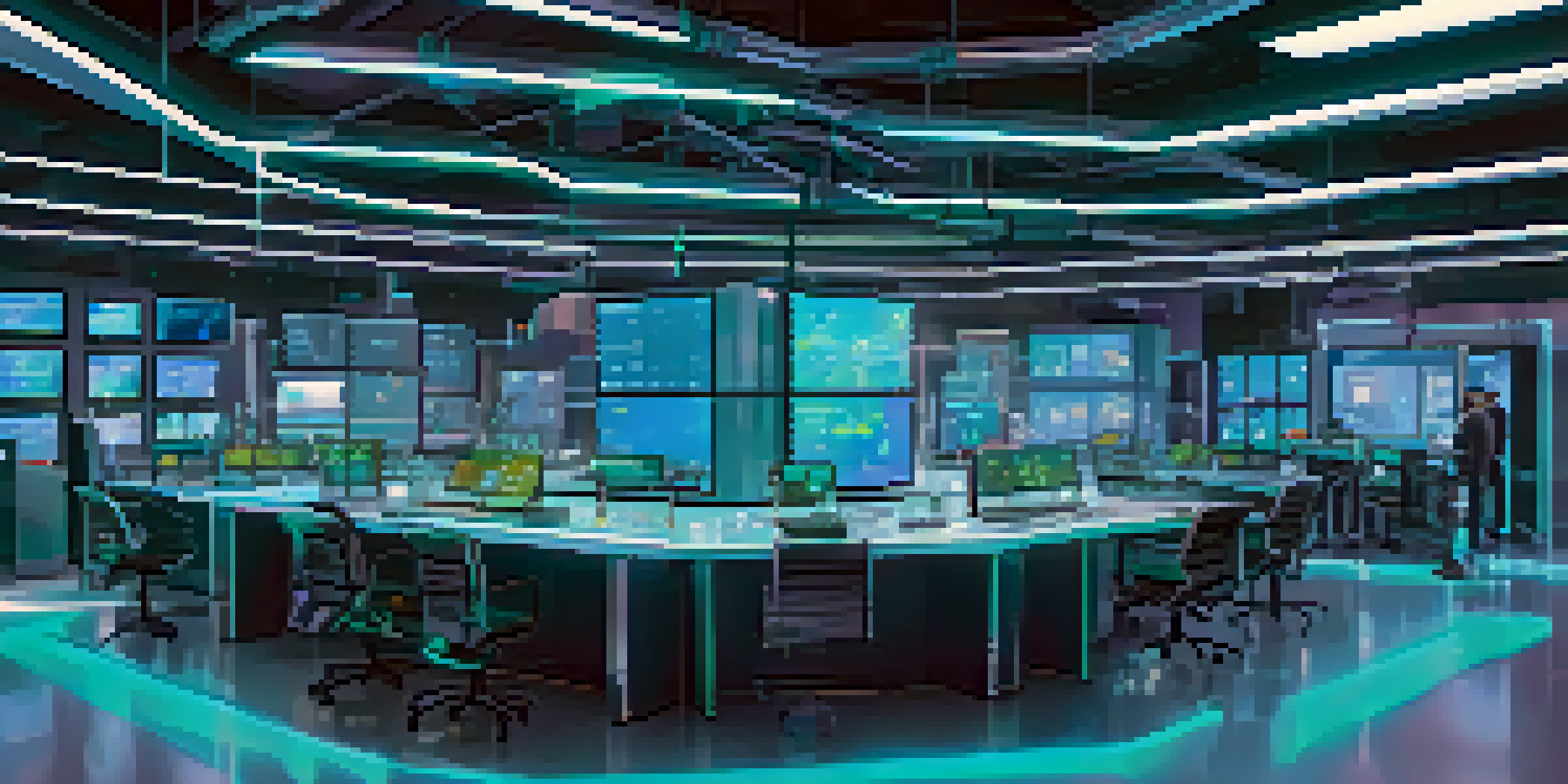 A modern research lab with scientists working on holographic displays related to NFTs and blockchain technology, illuminated by bright LED lights.