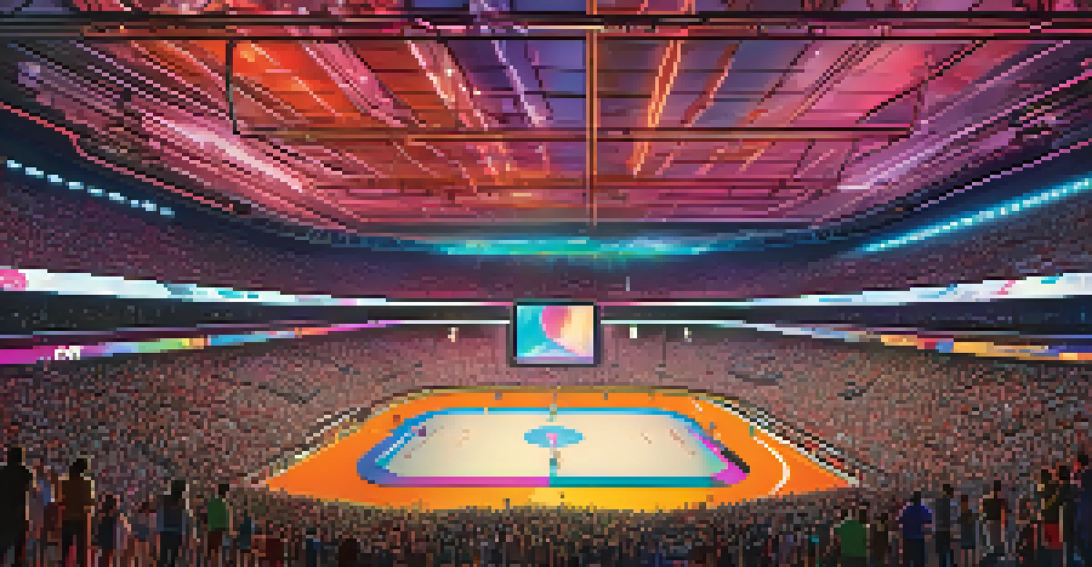 A futuristic sports arena with fans and large screens showing NFT art and collectibles.
