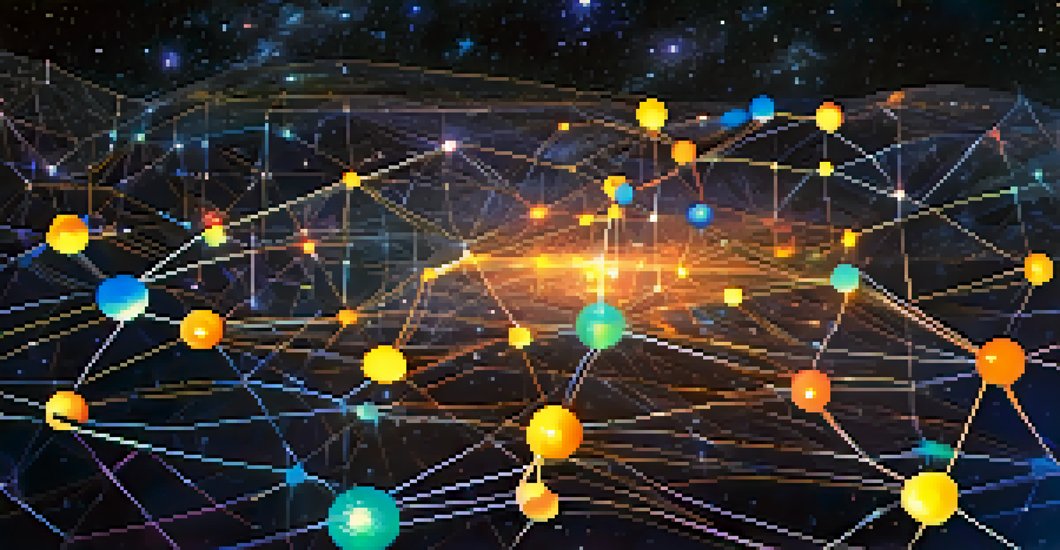 A colorful blockchain network with nodes representing various scientific fields against a cosmic background.