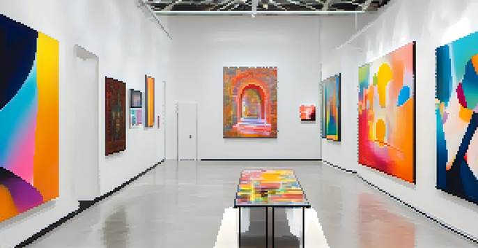 A modern art gallery with digital displays showcasing various NFTs, illuminated by soft lighting.