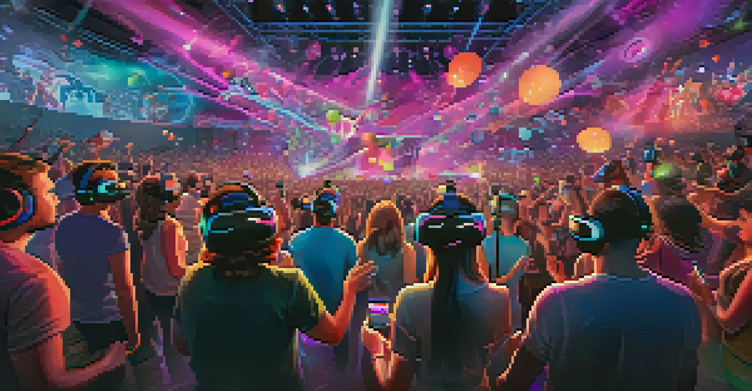 A scene of fans at a virtual music concert wearing VR headsets, surrounded by colorful light displays and holographic elements, engaging with NFTs.