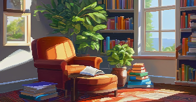 A cozy reading corner with an armchair, a stack of e-books, and a cup of tea, bathed in warm sunlight.