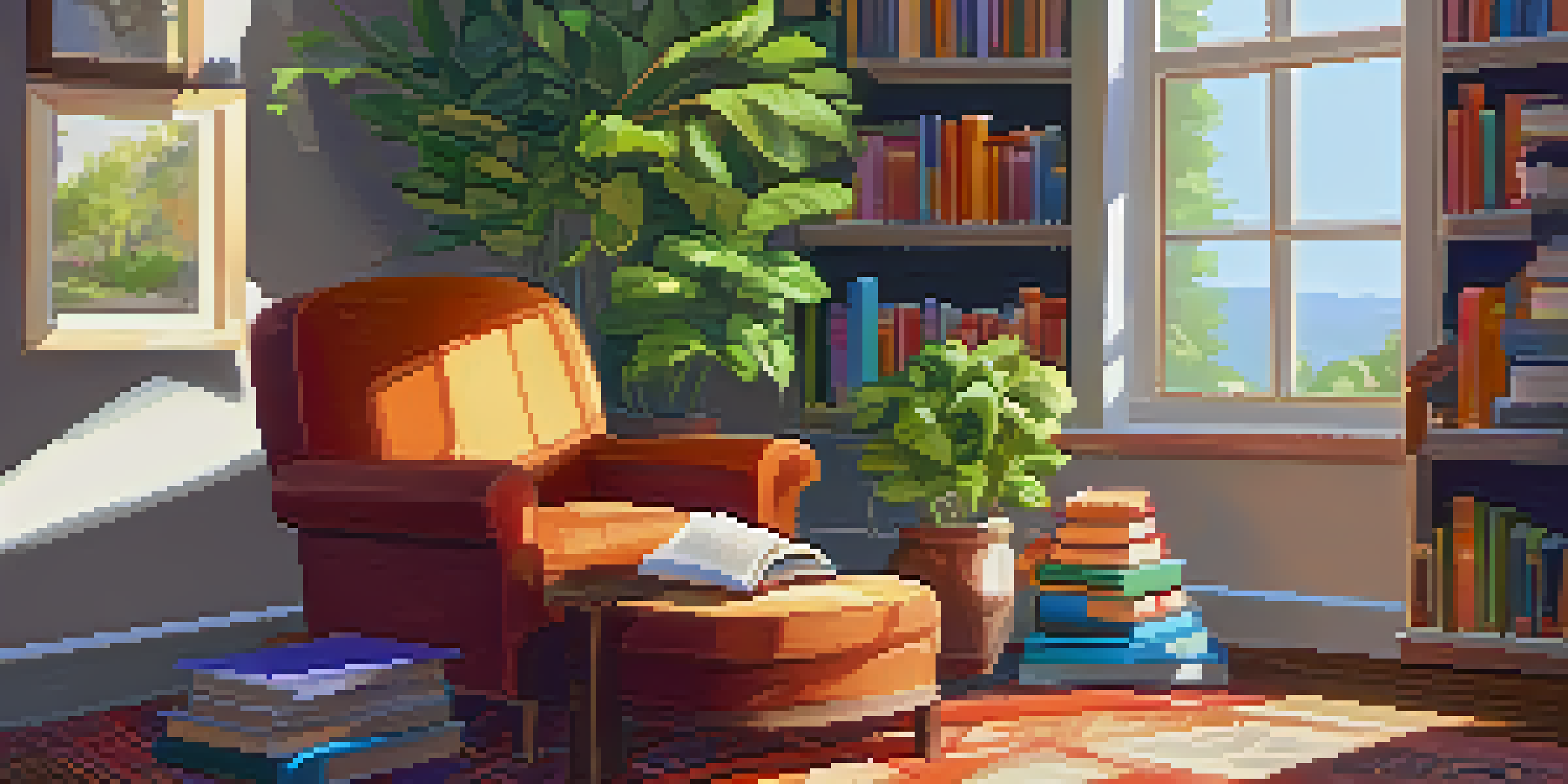 A cozy reading corner with an armchair, a stack of e-books, and a cup of tea, bathed in warm sunlight.