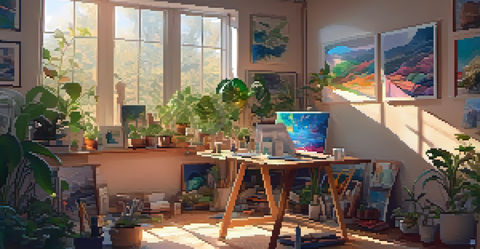 An artist creating an NFT artwork in a cozy studio filled with plants and tools, illuminated by warm sunlight from a window.