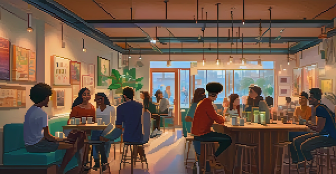 A cozy coffee shop filled with diverse people discussing NFTs, warm lighting, and colorful artwork on the walls.
